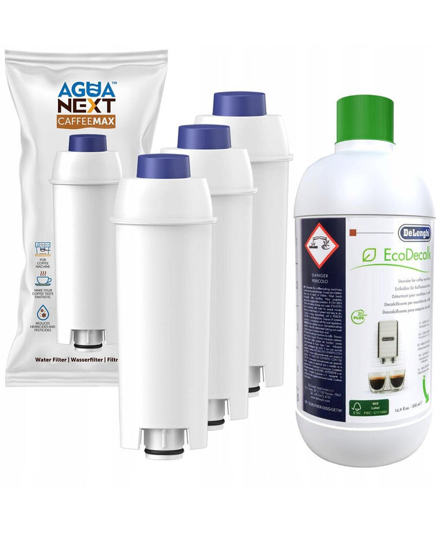 Rinkinys: kavos aparatų vandens filtrai Delonghi 3 vnt + universali nukalkinimo priemonė Ecodecalk 500 ml