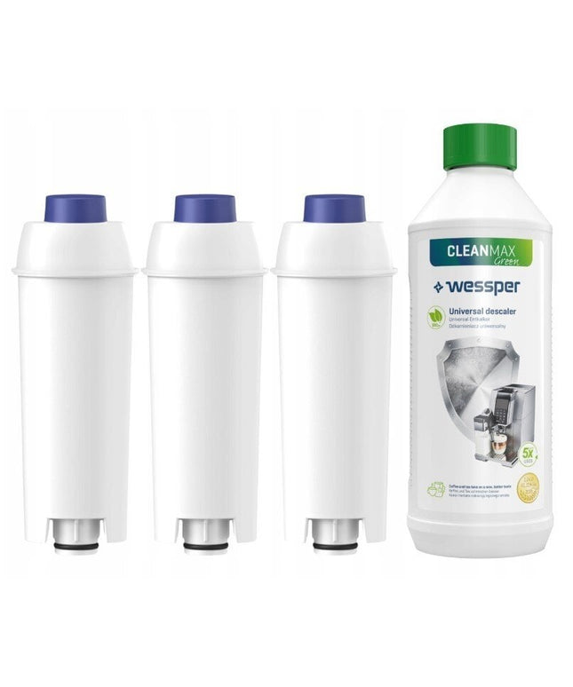 Vandens filtrai AguaNext CaffeeMax Delonghi kavos aparatui, 3 vnt + universali nukalkinimo priemonė Wessper CleanMax Green, 500 ml,