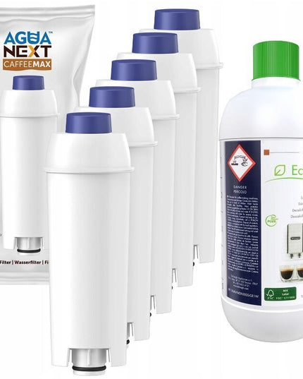 Kavos aparatų vandens filtrai Delonghi, 5 vnt + universali nukalkinimo priemonė Ecodecalk 500 ml