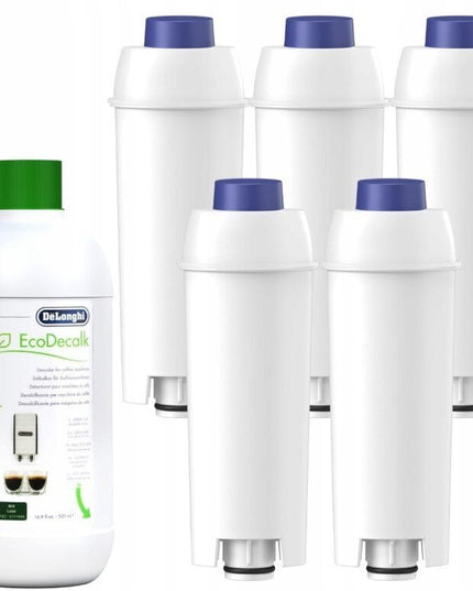 Kavos aparatų vandens filtrai Delonghi, 5 vnt + universali nukalkinimo priemonė Ecodecalk 500 ml
