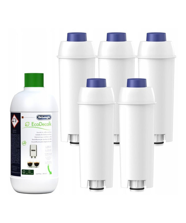 Kavos aparatų vandens filtrai Delonghi, 5 vnt + universali nukalkinimo priemonė Ecodecalk 500 ml
