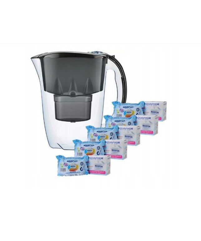 Vandens filtravimo ąsotis Aquaphor Amethyst, 2,8l, juodas, su 5 vnt Aquaphor B25 Maxfor vandens filtrais