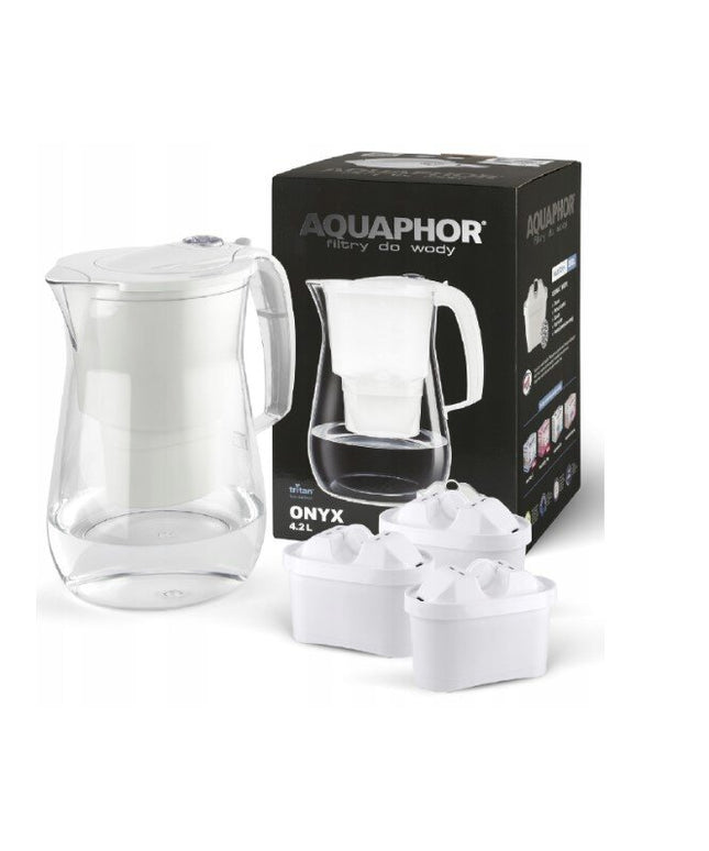 Vandens filtravimo ąsotis Aquaphor Onyx, 4,2l, baltas, su 3 vnt B25 Maxfor Mg vandens filtrais