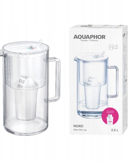 Stiklinis vandens filtravimo ąsotis Aquaphor Nord 2.5l, baltas, su 1 vnt A5 Mg vandens filtru